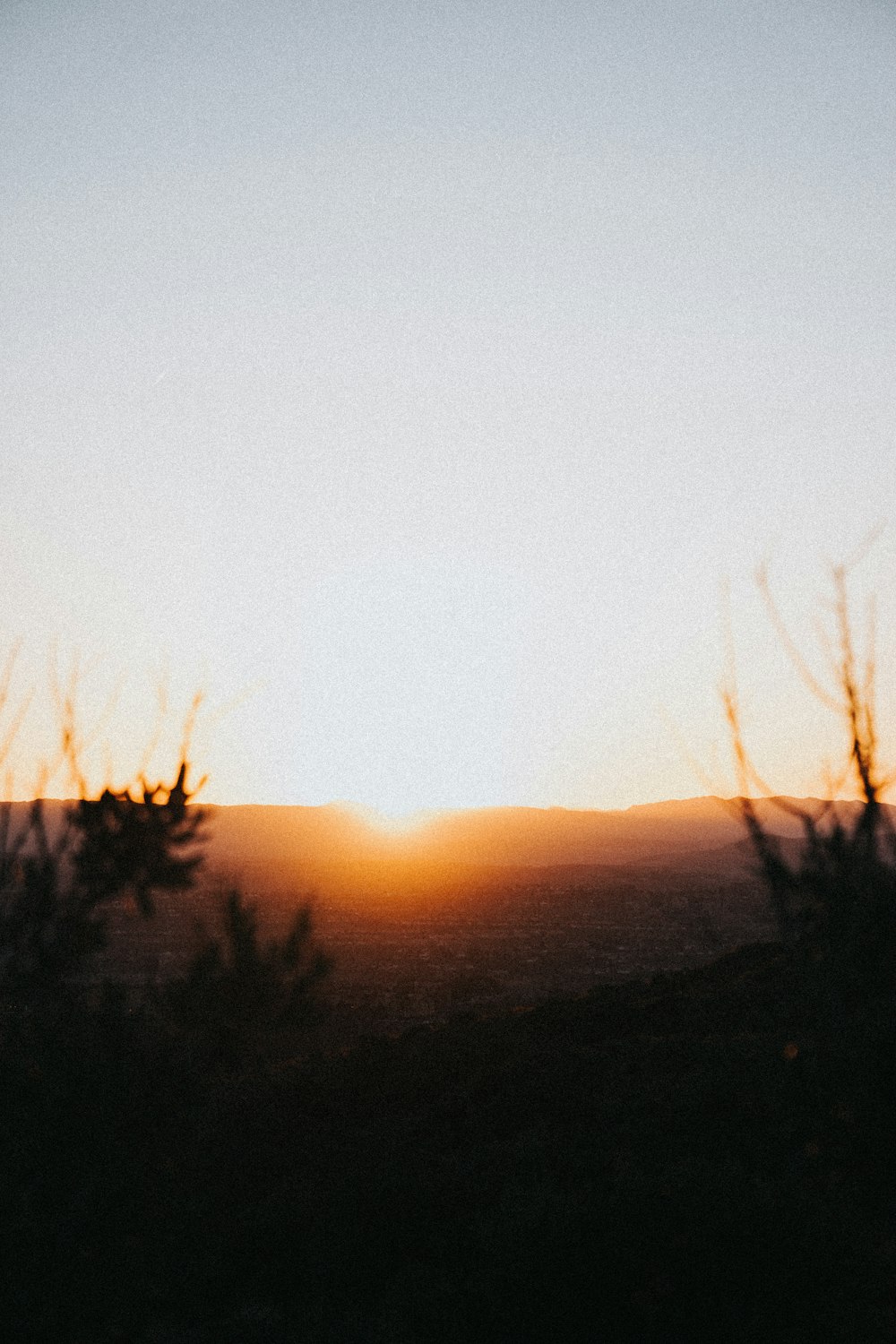 the sun is setting over the horizon of a field