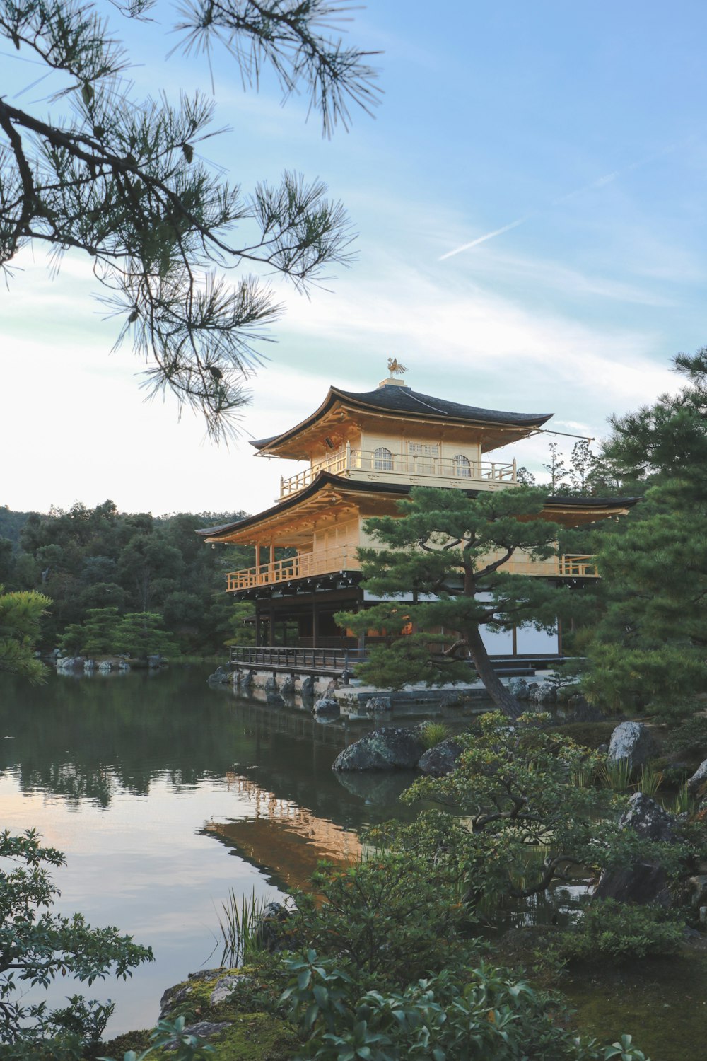 view photography of brown and white temple near pond and trees