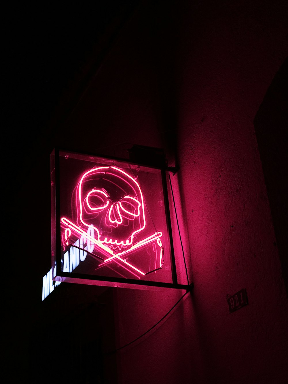 skull neon signage turned on