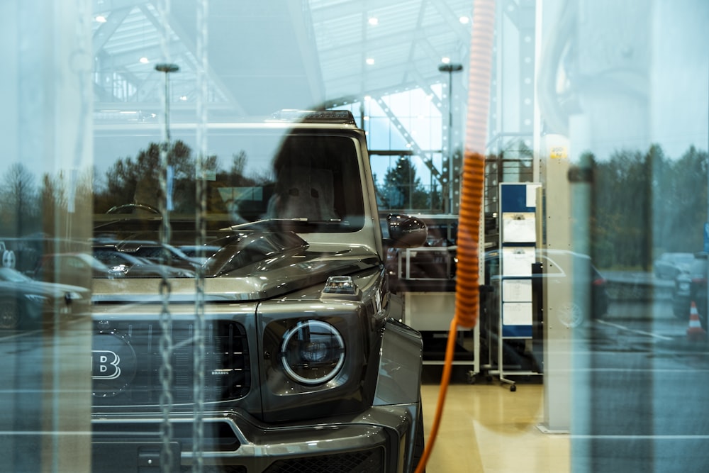 a truck is parked inside of a building