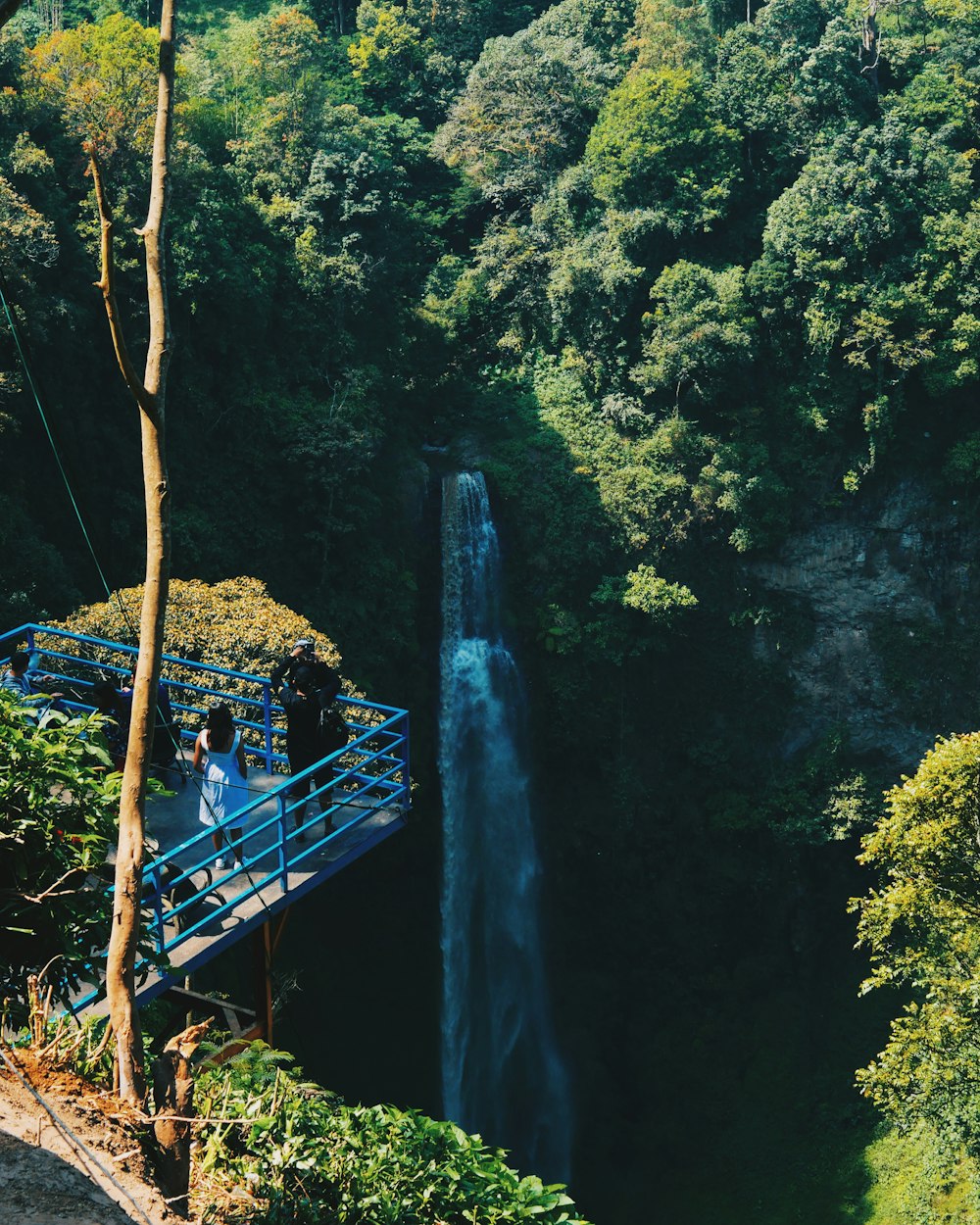 waterfalls near people on platform with railing on mountain