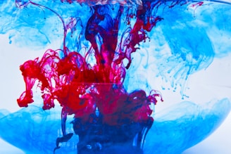 Vibrant swirls of red and blue ink are suspended in clear water. The colors intertwine and diffuse, creating intricate, fluid patterns that resemble abstract art. The contrast between the bright red and cool blue creates a dynamic visual effect.