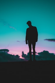 A silhouette cloaked in layered dark fabrics with iridescent highlights, standing beneath a shimmering twilight sky.