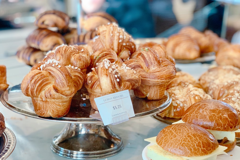 baked bread on cake stand