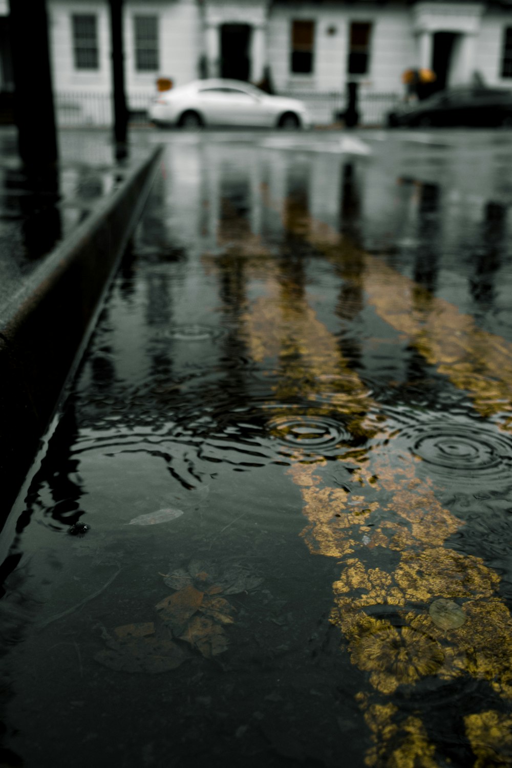 a wet street with a yellow line painted on it