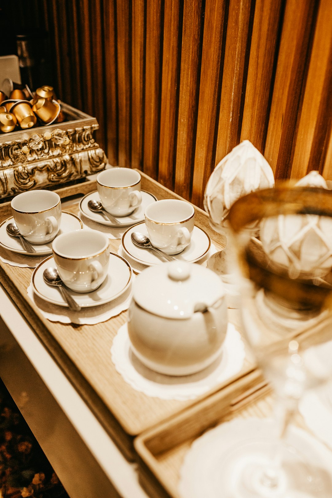 white ceramic tea set in tray
