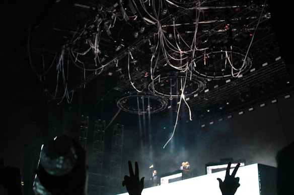 A dimly lit concert stage features dramatic lighting and numerous cables hanging from the ceiling. Silhouetted hands are visible in the foreground, giving a sense of a lively audience. Performers are present on an elevated platform, engaging with the crowd.