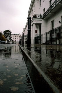 A rainy day scene features a wet sidewalk and street with visible puddles. The sidewalk is lined by a series of white, classical-style buildings with black wrought iron railings. Tall black posts are evenly spaced along the edge of the sidewalk. Raindrops create ripples in the water, and overcast skies add a dull, muted tone to the environment.