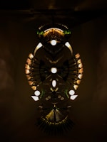 An elaborate art installation features symmetrical arrangements of lights and metallic elements. The design creates an abstract, eye-catching pattern with a central circular motif and radial lines extending outward. The dark background enhances the illuminated components, giving a sense of depth and mystery.