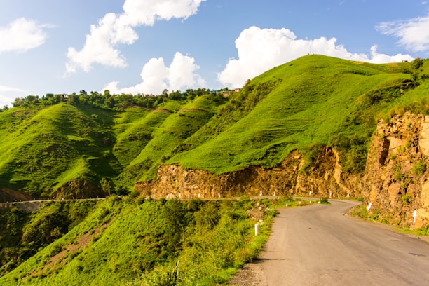 A scenic highway winding through lush green hills under a clear blue sky.