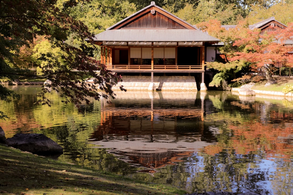 brown wooden house surrounded with green trees near body of water