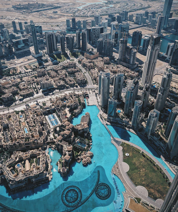 Elevated view of Burj Khalifa Lake and Downtown Dubai