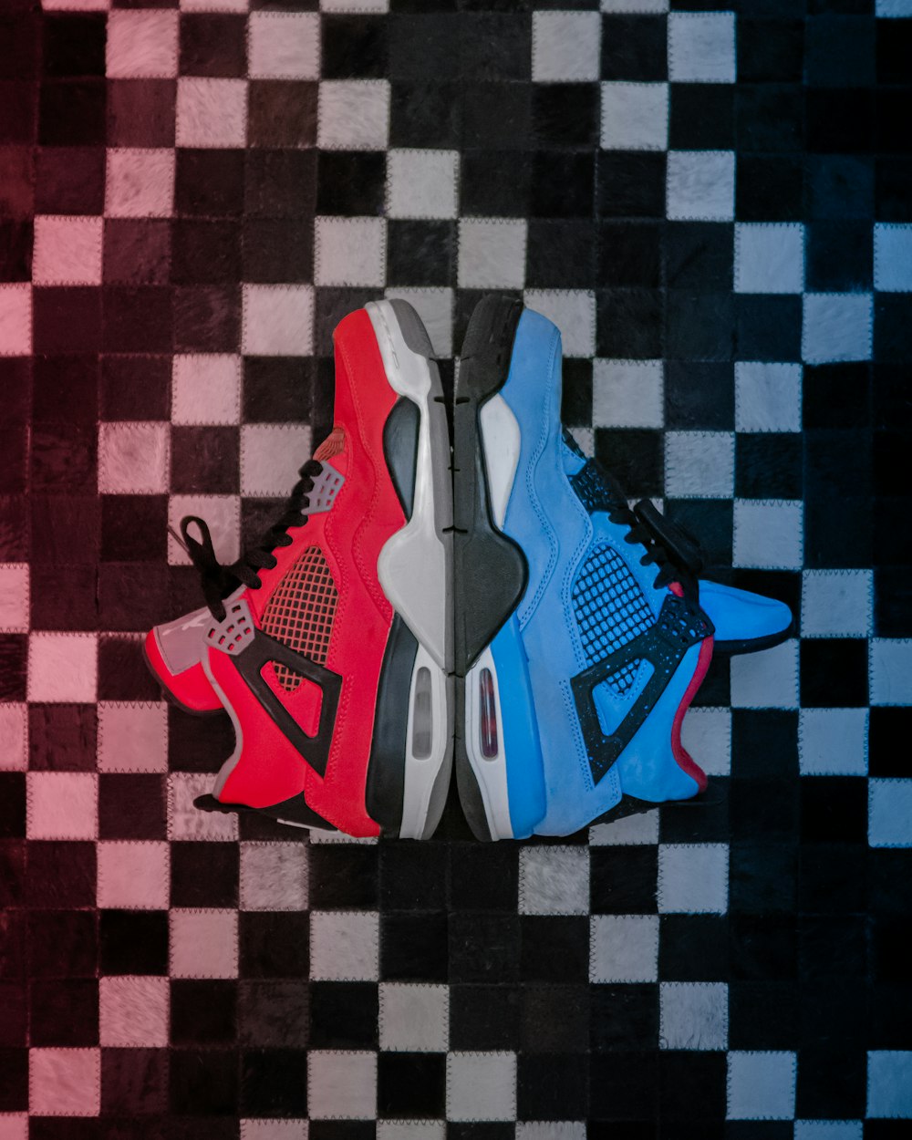 red and blue Air Jordan basketball shoes