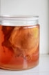 Großes Einmachglas mit Kombucha-Ansatz und Scoby an der Oberfläche