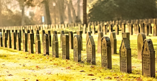 A serene cemetery scene featuring several marble gravestones of different styles.