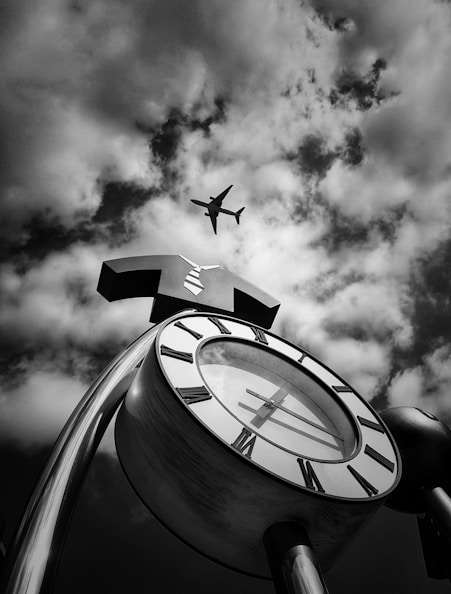 grayscale photo of flying airplane