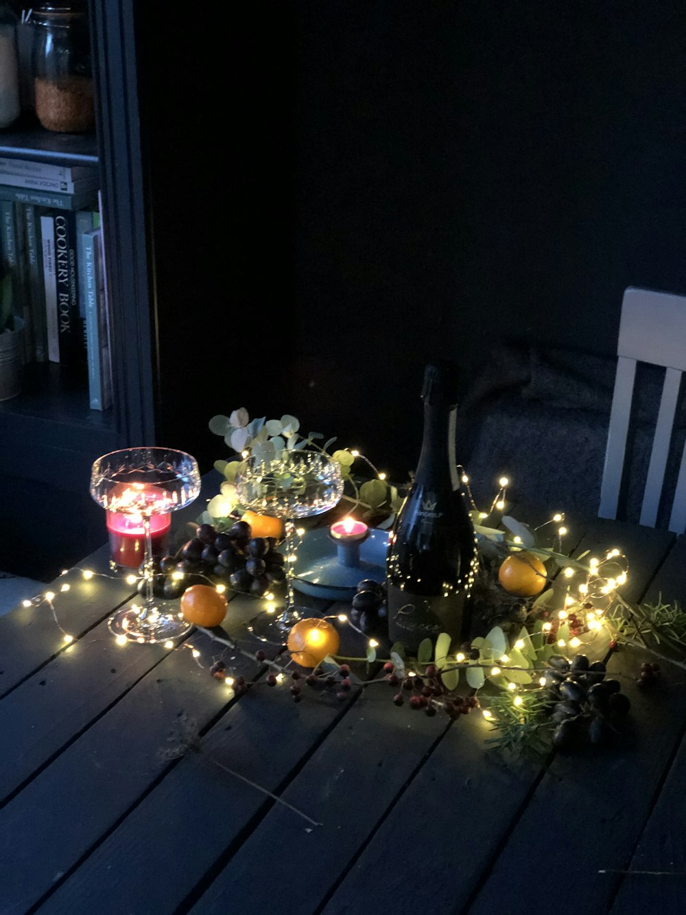 fruits and wines on table