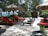 A serene outdoor setting features several red-cushioned lounge chairs beneath straw umbrellas. These are arranged along a stone pathway surrounded by lush green trees and plants. In the background, there's a glimpse of a blue ocean, creating a relaxing and tropical atmosphere.