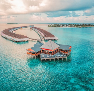 aerial photography of resort rooms and island