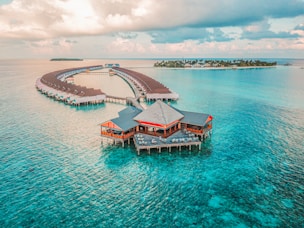 aerial photography of resort rooms and island