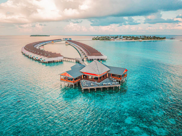 aerial photography of resort rooms and island