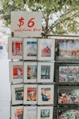 A display stand holds various art prints and posters in frames. Each print features colorful and diverse artwork, including cityscapes and famous magazine covers. A sign on top reads '$6 with frame 8x10'. The background shows leafy trees.