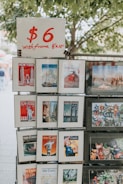 A display stand holds various art prints and posters in frames. Each print features colorful and diverse artwork, including cityscapes and famous magazine covers. A sign on top reads '$6 with frame 8x10'. The background shows leafy trees.