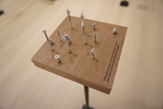 A wooden block on a stand features an arrangement of screws of varying heights. Small white figurines are perched atop several screws, creating an impression of staggered levels. The setup casts shadows on the wood surface, and there is an engraved text on the block. The background is a smooth, neutral tone, lending focus to the structure.