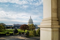 A view of a large, domed government building set against a partly cloudy sky. The foreground features a park area with lush green trees, a clean walkway, and people strolling. An elegant stone column can be seen on the right side.