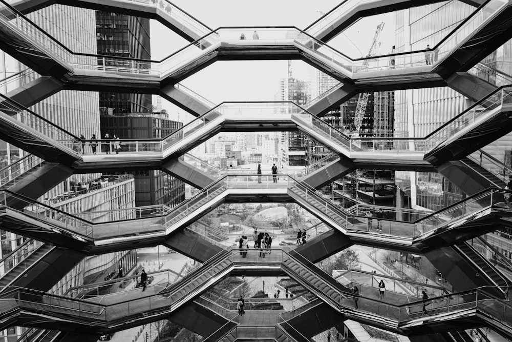 grayscale photo of stairs