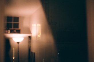 A warmly lit interior features a standing lamp casting soft light. Reflections of windows and frames are visible, suggesting a cozy room ambiance. The lighting creates a sense of depth and calm.
