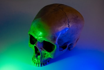 A skull is illuminated with green and blue lights, creating an eerie and mysterious atmosphere. The skull, which appears old and weathered, has fractures and cracks visible on its surface.