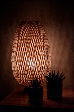 A wicker lamp emits a warm glow, creating intricate geometric patterns with its lattice design. The lamp is placed on a wooden surface surrounded by two small potted succulents.