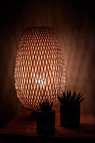 A wicker lamp emits a warm glow, creating intricate geometric patterns with its lattice design. The lamp is placed on a wooden surface surrounded by two small potted succulents.