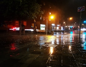 A rainy night street scene features wet pavements reflecting colorful lights from streetlamps and buildings. Traffic signals and storefronts add to the urban environment, while the heavy rain is visibly captured.