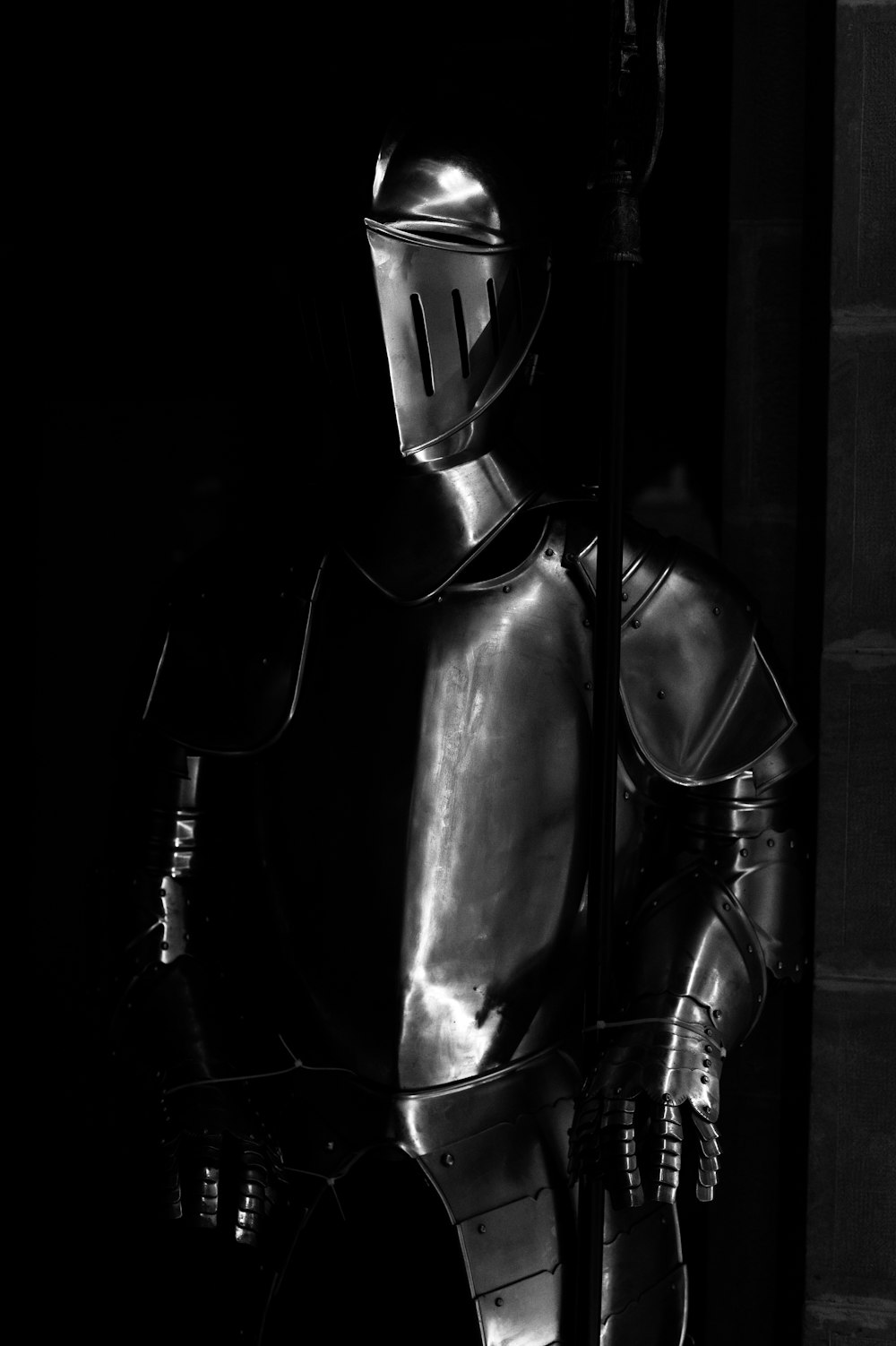 grayscale photography of armor