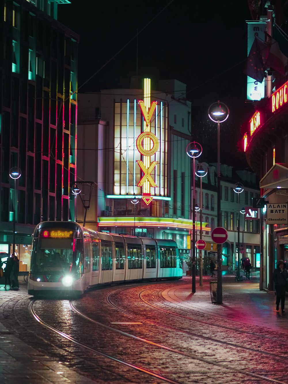 tram in city at night