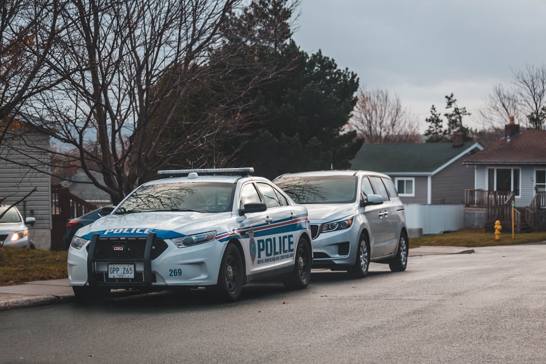 white and blue police car in front of gray SUV near road