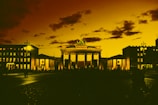 A historic landmark illuminated at night.