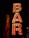A vertical sign features the word 'BAR' illuminated by circular light bulbs, creating a vintage and inviting atmosphere against a dark background. The letters are bold and red, outlined with a light-colored border. A portion of a flag with red, white, and orange stripes is partially visible on the left side.