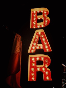 A vertical sign features the word 'BAR' illuminated by circular light bulbs, creating a vintage and inviting atmosphere against a dark background. The letters are bold and red, outlined with a light-colored border. A portion of a flag with red, white, and orange stripes is partially visible on the left side.