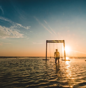 person standing near swing on body of water