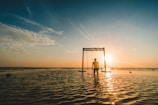 person standing near swing on body of water