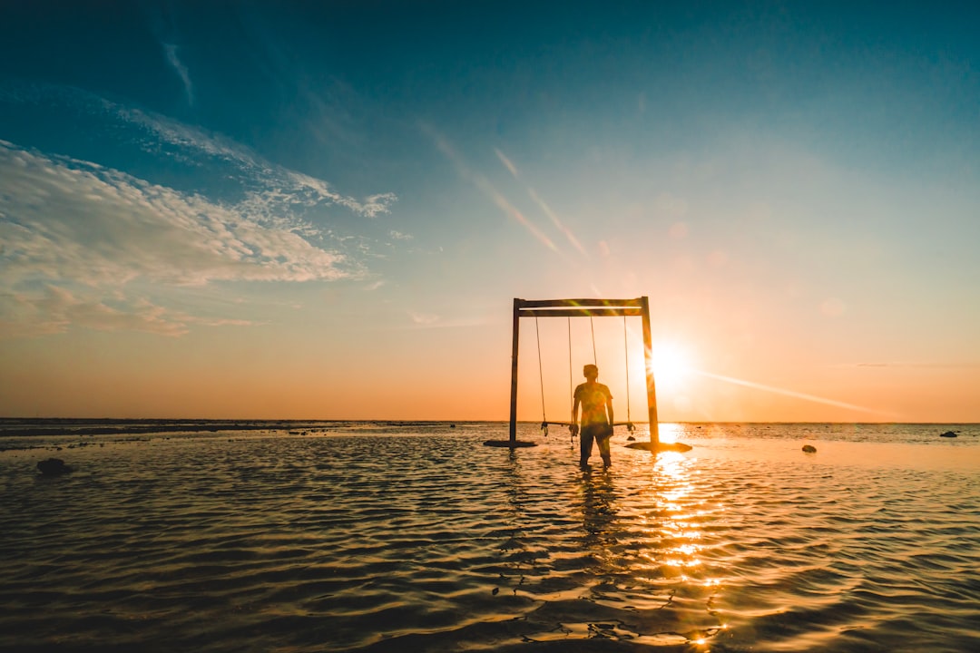 person standing near swing on body of water