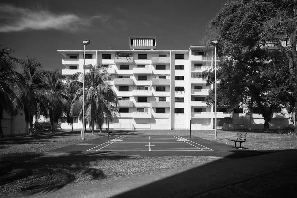 greyscale photography of concrete building