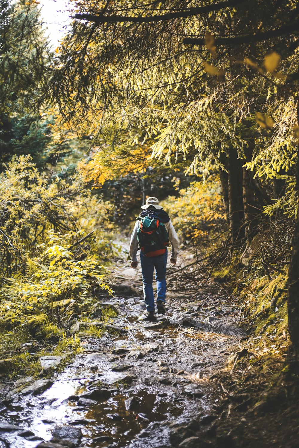 man wearing grey hiking backpack