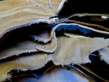 A close-up view of several overlapping sheets of beige and light brown leather with frayed edges. The texture of the leather is visible, with slight wrinkles and natural imperfections.