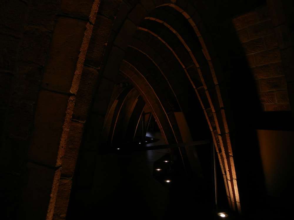 dim-lighted arch pathway