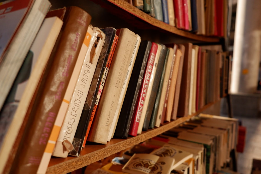 assorted books on rack