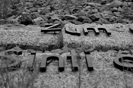 Text is displayed on stone slabs, with letters casting slight shadows. The background features a mix of pebbles and vegetation, presenting a natural, rugged terrain.